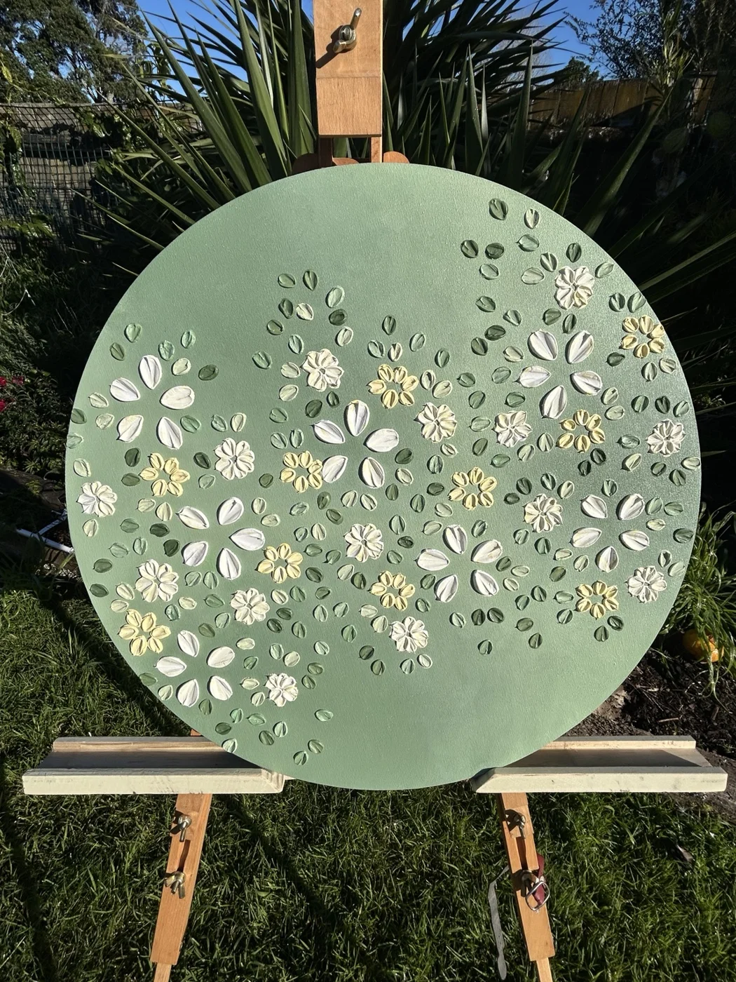 Sage green and cream round textured floral painting, made as a custom commission